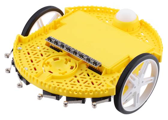 Bottom view of Romi chassis with 8-Channel QTRX Sensor Array for Romi/TI-RSLK MAX. (1)