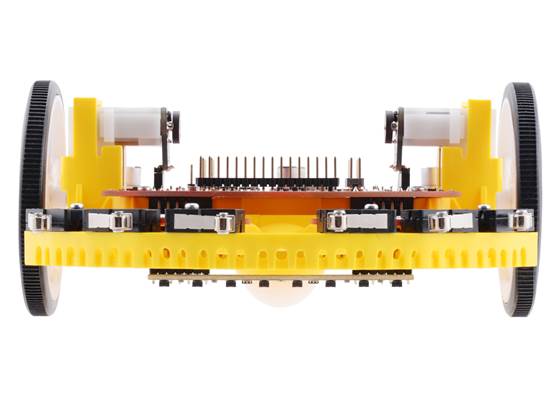 Front view of Romi chassis with 8-Channel QTRX Sensor Array for Romi/TI-RSLK MAX.
