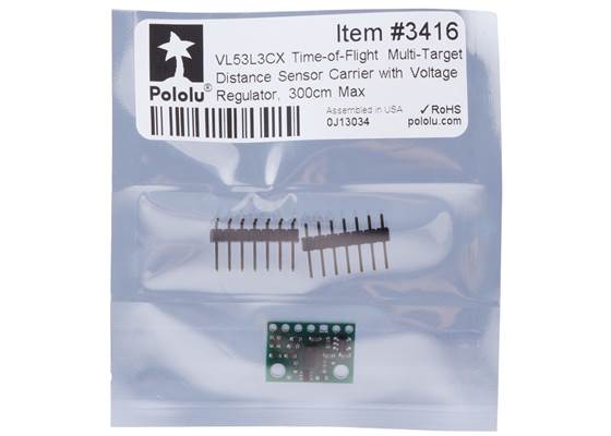Standard packaging for the VL53L3CX Time-of-Flight Multi-Target Distance Sensor Carrier with Voltage Regulator, 300cm Max