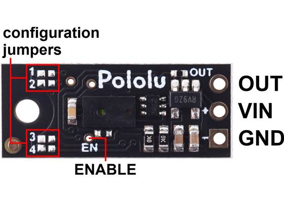 Original (irs16a) version of the Pololu Digital Distance Sensor, top view with labeled pinout.