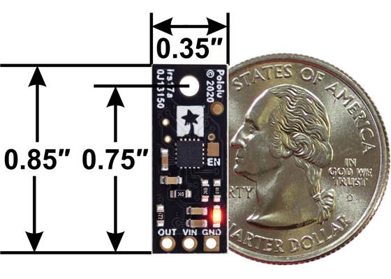 Pololu Digital Distance Sensor (irs17a), back view with dimensions and a US quarter for size reference.