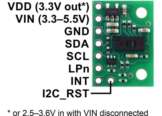 Pinout diagram of the VL53L5CX Time-of-Flight 8x8-Zone Distance Sensor Carrier.