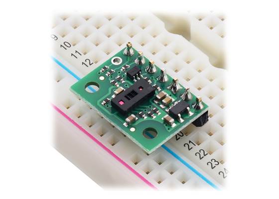 VL53L5CX Time-of-Flight 8x8-Zone Distance Sensor Carrier in a breadboard.