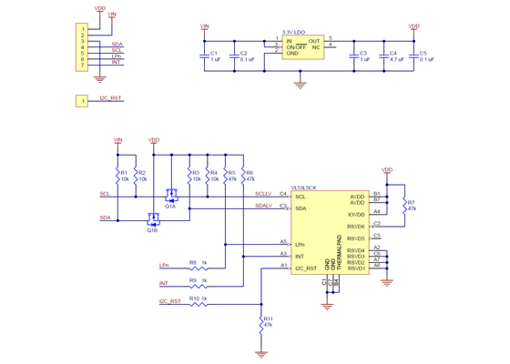 Schematic diagram of the VL53L5CX Time-of-Flight 8x8-Zone Distance Sensor Carrier.