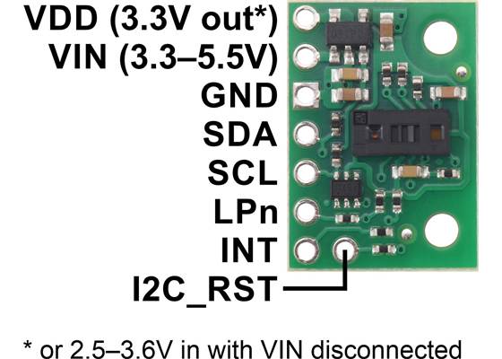 Pinout diagram of the VL53L7CX Time-of-Flight 8x8-Zone Wide FOV Distance Sensor Carrier.