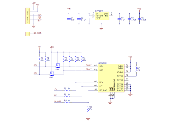 Schematic diagram of the VL53L7CX Time-of-Flight 8x8-Zone Wide FOV Distance Sensor Carrier.