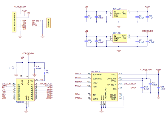 Schematic diagram of the VL53L8CX Time-of-Flight 8x8-Zone Distance Sensor Carrier.
