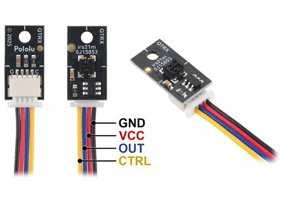 Pinout of the QTRX/QTRXL-MD-01x-S Reflectance Sensor (QTRX-MD-01RC-S version pictured, cable not included).