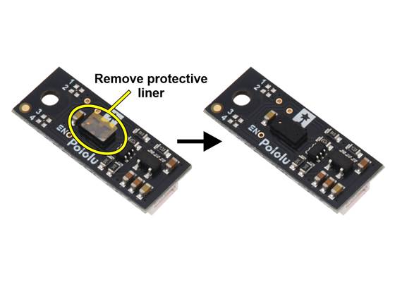 The Pololu Digital Distance Sensor might ship with a protective liner covering the sensor IC that must be removed before use.