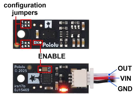 Pinout and configuration jumper locations of the v2 short-range versions of the Pololu Digital Distance Sensor with Side-Entry Connector.