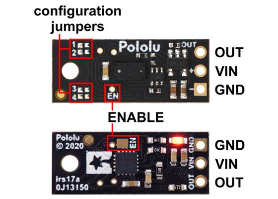 Pinout and configuration jumper locations of the v2 short-range versions of the Pololu Digital Distance Sensor.