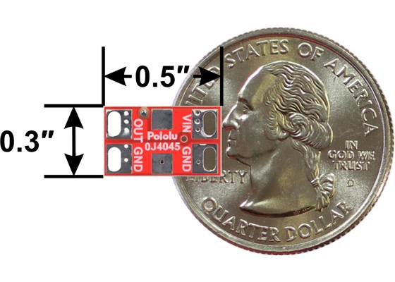 Pololu Reverse Voltage Protector, 4-75V, 8A. bottom view with dimensions and a US quarter for size reference.