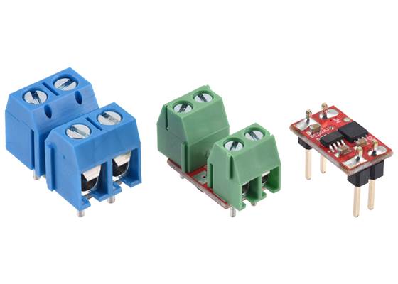 Examples of various connectors that can be used with the Pololu Reverse Voltage Protector, 4-75V, 8A (from left to right: 5mm terminal blocks, 3.5mm terminal blocks, 0.1″ headers).