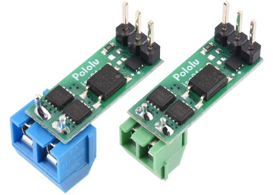Pololu Isolated Solid State Relay/Switch (SPST) boards soldered with 5mm-pitch and 3.5mm-pitch terminal blocks for load connections and 0.1″ male headers control connections.  (60V version shown, headers and terminal blocks not included.)