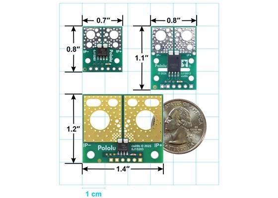 ACS37030 Current Sensor Compact Carriers (top) and Large Carrier (bottom) size comparison.