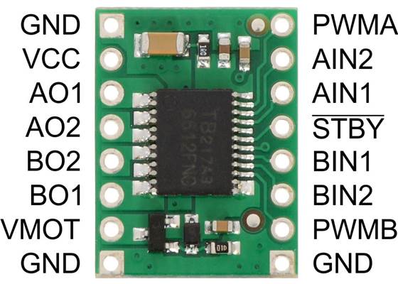 TB6612FNG dual motor driver carrier, top view with pads labeled.