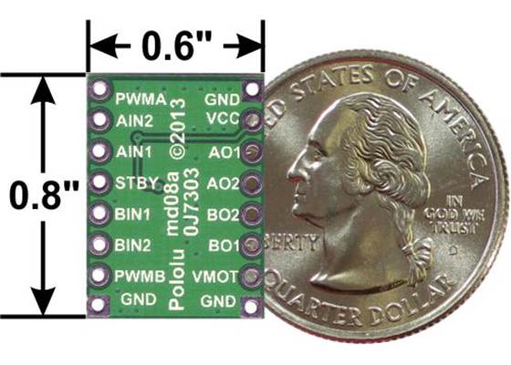 TB6612FNG dual motor driver carrier, bottom view with dimensions.