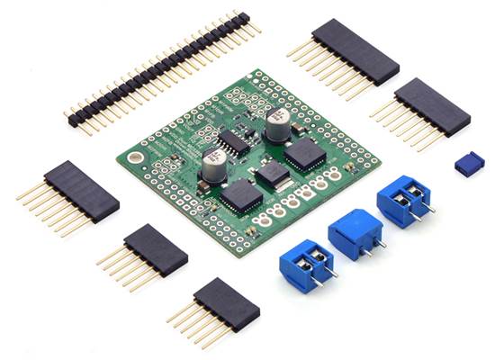 Pololu dual MC33926 motor driver shield for Arduino with included hardware.
