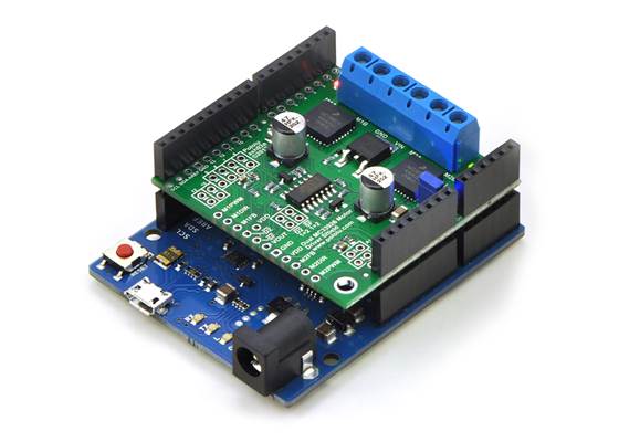 Pololu dual MC33926 motor driver shield, assembled and connected to an Arduino Leonardo.