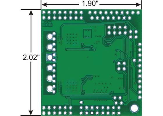 Pololu dual MC33926 motor driver shield for Arduino, bottom view with board dimensions.