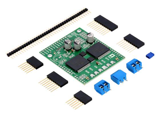 Pololu dual VNH5019 motor driver shield for Arduino with included hardware.