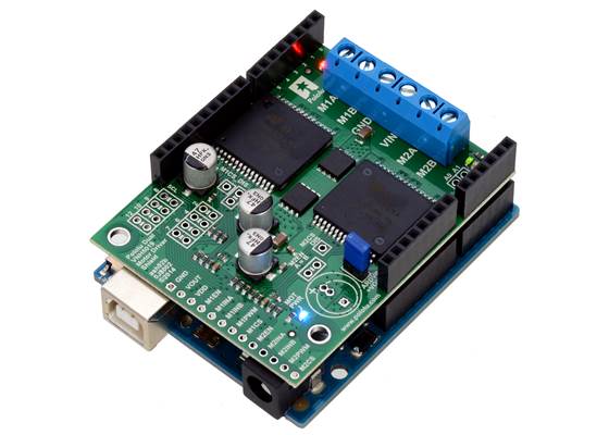 Pololu dual VNH5019 motor driver shield, assembled and connected to an Arduino Uno R3.