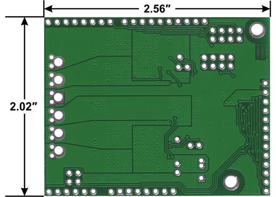 Pololu dual VNH5019 motor driver shield for Arduino, bottom view with board dimensions.