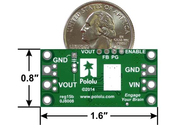 Pololu 5V, 9A Step-Down Voltage Regulator D24V90F5, bottom view with dimensions.