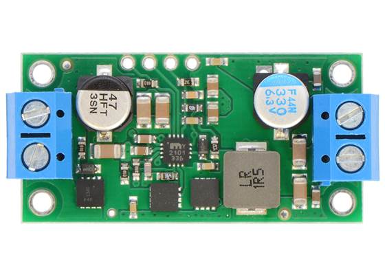 Pololu 5V, 9A Step-Down Voltage Regulator D24V90F5, assembled top view.