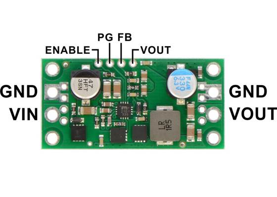 Pololu 5V, 9A Step-Down Voltage Regulator D24V90F5, top view with labeled pinout.