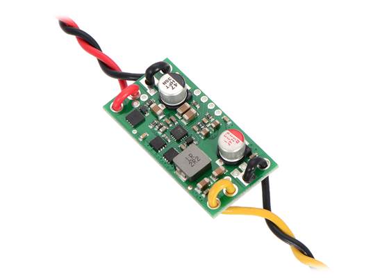 Pololu Step-Down Voltage Regulator D24V60F5/D24V90F5 showing wires soldered directly to the board and passing through the mounting holes for strain relief.