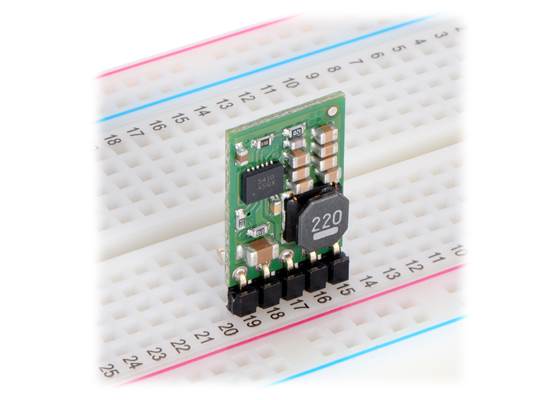 Pololu step-down voltage regulator D24V10Fx in a breadboard.