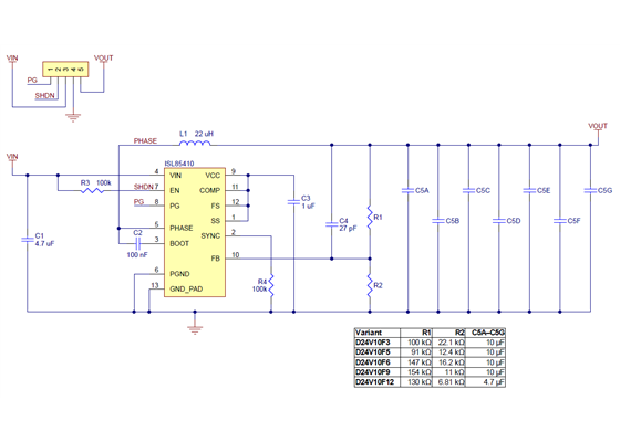 Schematic diagram for the Pololu D24V10Fx family of 1&nbsp;A step-down voltage regulators.