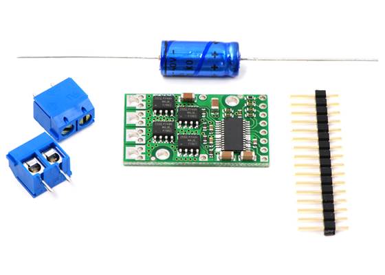 Pololu high-power motor driver and included components.