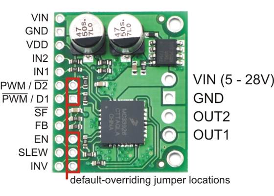 MC33926 motor driver carrier, labeled top view.