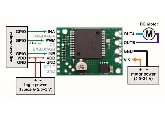 Minimal wiring diagram for connecting a microcontroller to a VNH5019 motor driver carrier.