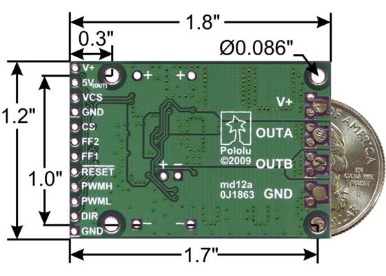Pololu high-power motor driver CS dimensions with quarter for size reference.