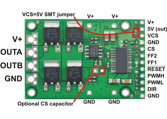Pololu high-power motor driver CS, labeled top view.