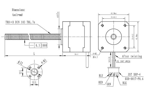 Dimension diagram for the NEMA 17 stepper motors with lead screw (units in mm).