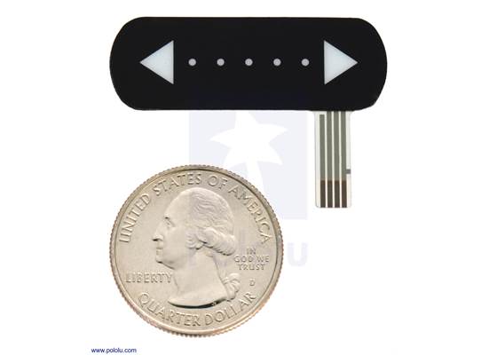 Force-sensing linear potentiometer (1.4″ FSLP strip) with a US quarter for size reference.