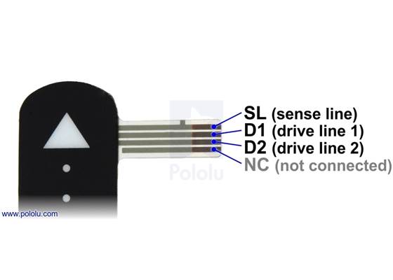 Pinout of the 1.4″x0.4″ force-sensing linear potentiometer (FSLP) strip.