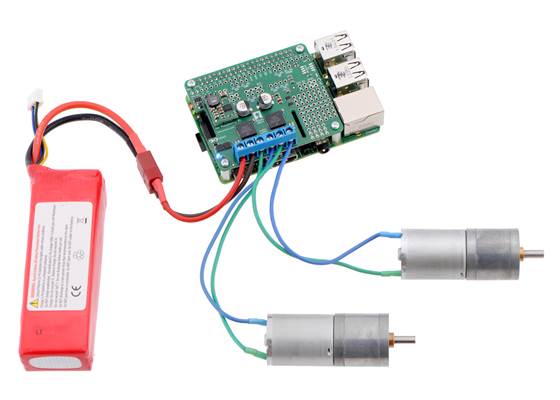 Driving motors with a #2756 dual motor driver on a on a Raspberry Pi Model B+ or Pi 2 Model B. A step-down regulator provides 5&nbsp;V to the Raspberry Pi.