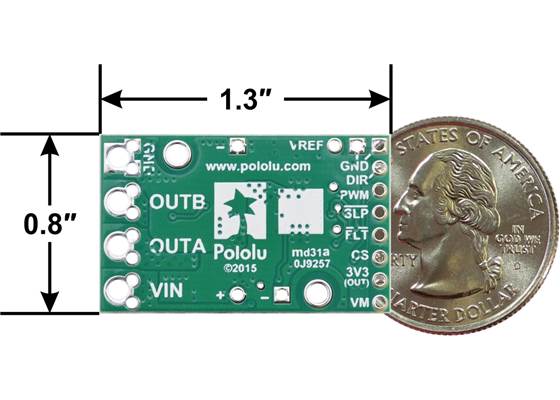 Pololu G2 High-Power Motor Driver 18v17 or 24v13, bottom view with dimensions.