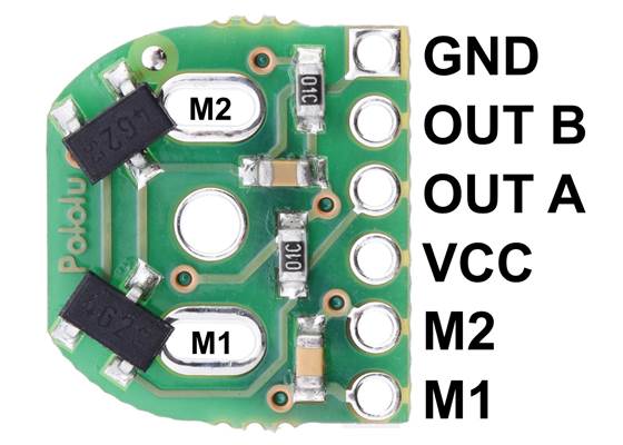 Magnetic Encoder Kit for Micro Metal Gearmotors (HPCB compatible), magnet-side view of PCB with labeled pinout.