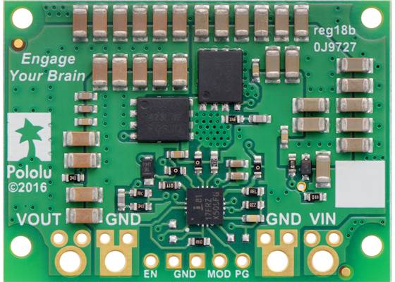 Pololu 6V, 15A Step-Down Voltage Regulator D24V150F6, bottom view.