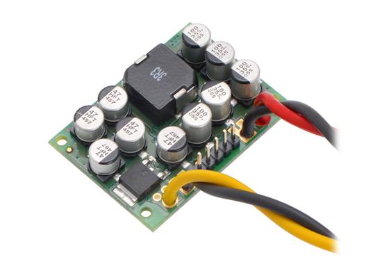 Pololu Step-Down Voltage Regulator D24V150Fx showing wires soldered directly to the board.
