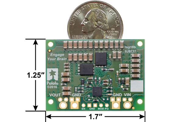 Pololu Step-Down Voltage Regulator D24V150Fx, bottom view with dimensions.