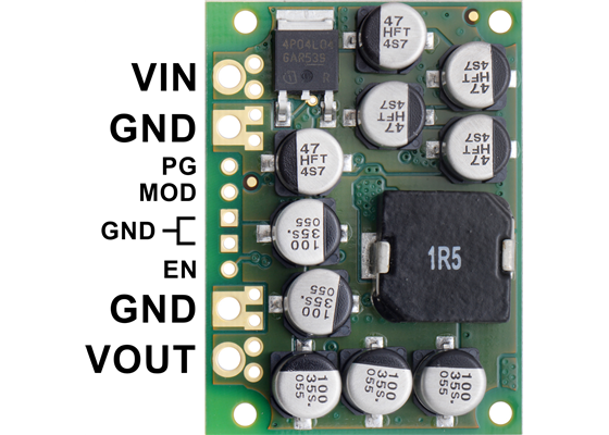 Pololu Step-Down Voltage Regulator D24V150Fx, top view with labeled pinout.