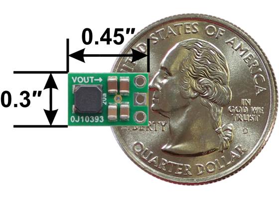 Pololu 5V Step-Up/Step-Down Voltage Regulator S9V11F5 next to a US quarter dollar for size reference.