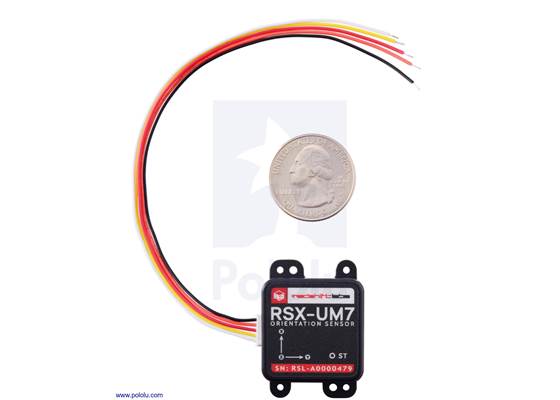 UM7 orientation sensor with included cable and U.S. quarter for size reference.
